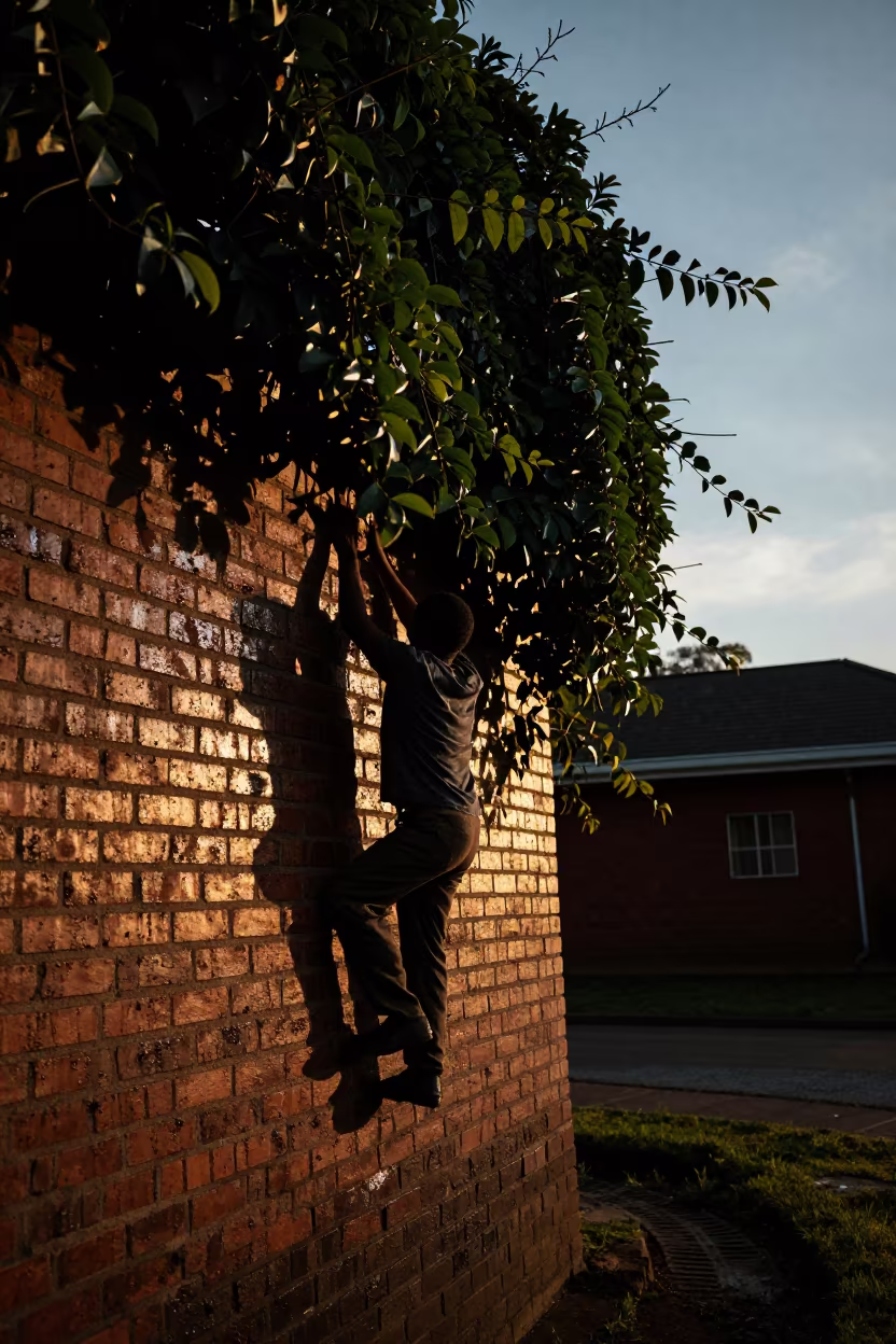 Ivy Climbing Brick Wall in Golden Hour Silhouette in near Masvingo