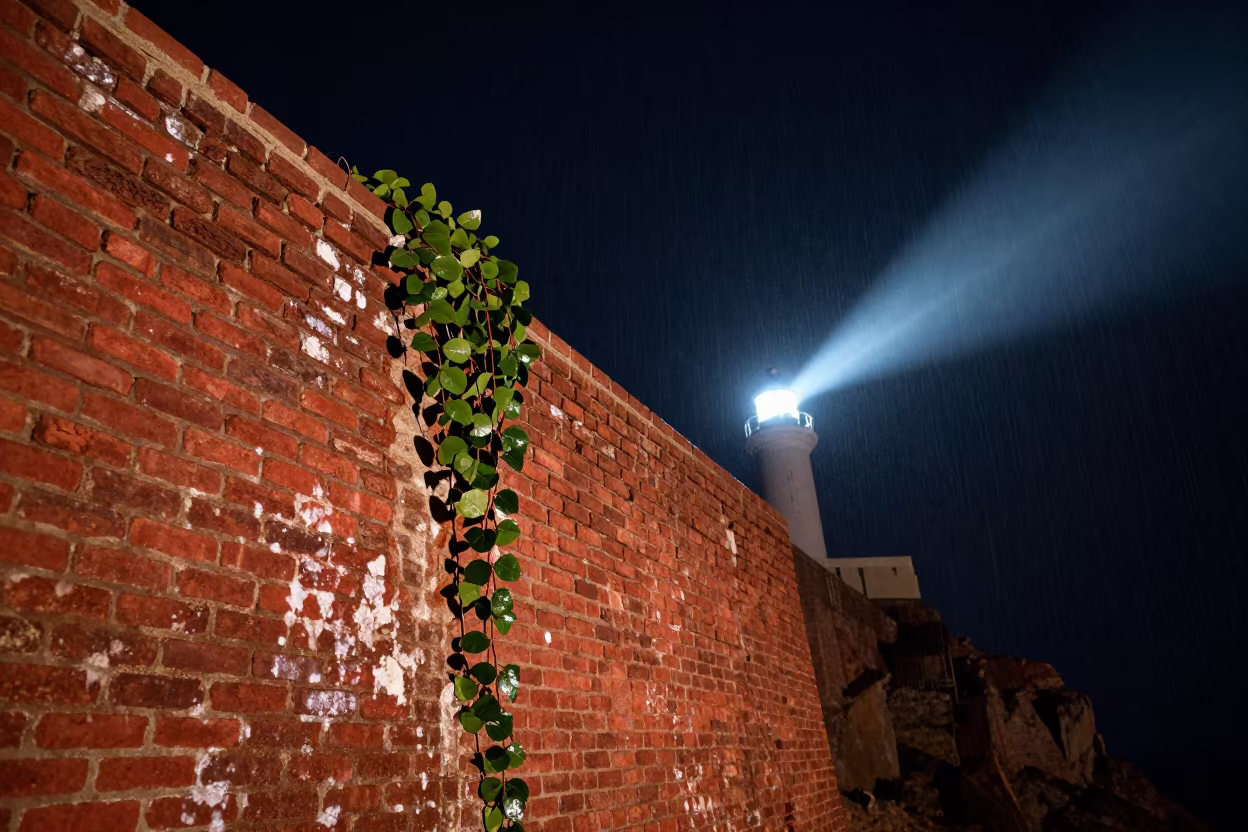 Ivy Climbing Brick Wall at Oman Lighthouse in along a salt-sprayed cliff edge in Oman