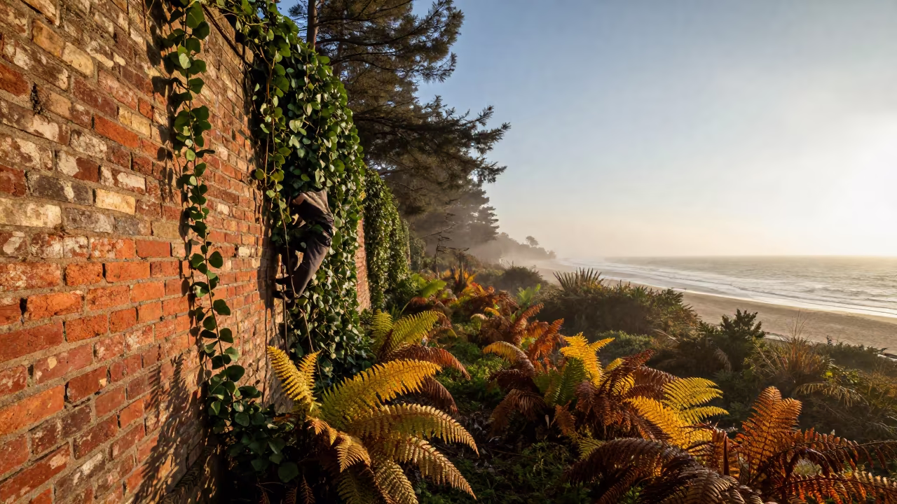 Ivy Climbs Brick Wall Near Ferns in Late Autumn in on a fern-lined forest floor near Zagazig
