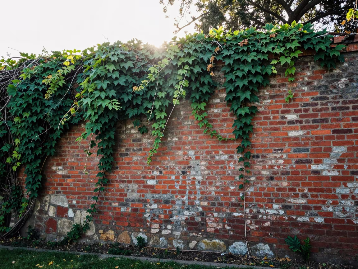 Ivy Climbs Brick Wall Santa Cruz Garden in among terraced garden plots near Santa Cruz