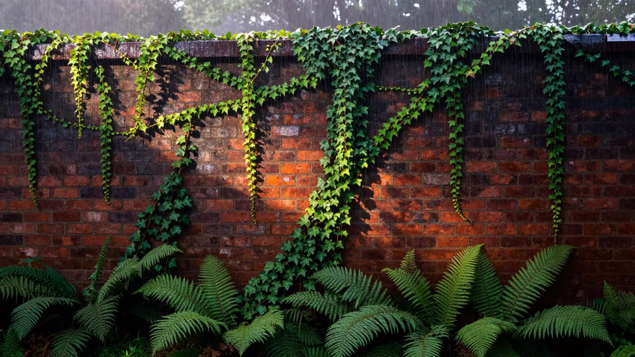 Ivy Climbs Brick Wall in Zimbabwe Morning Rain in on a fern-lined forest floor in Zimbabwe