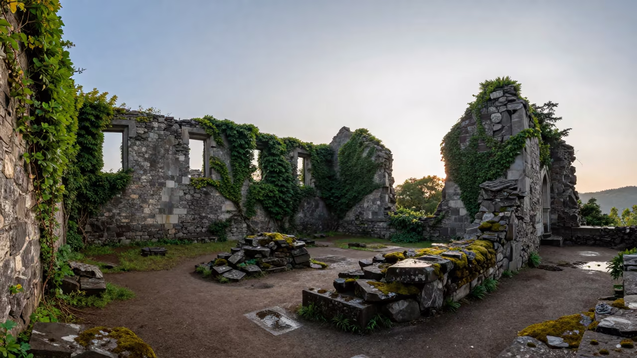 Ivy-Covered Castle Ruins at Dawn in Chubu in among collapsed cloisters in Chubu