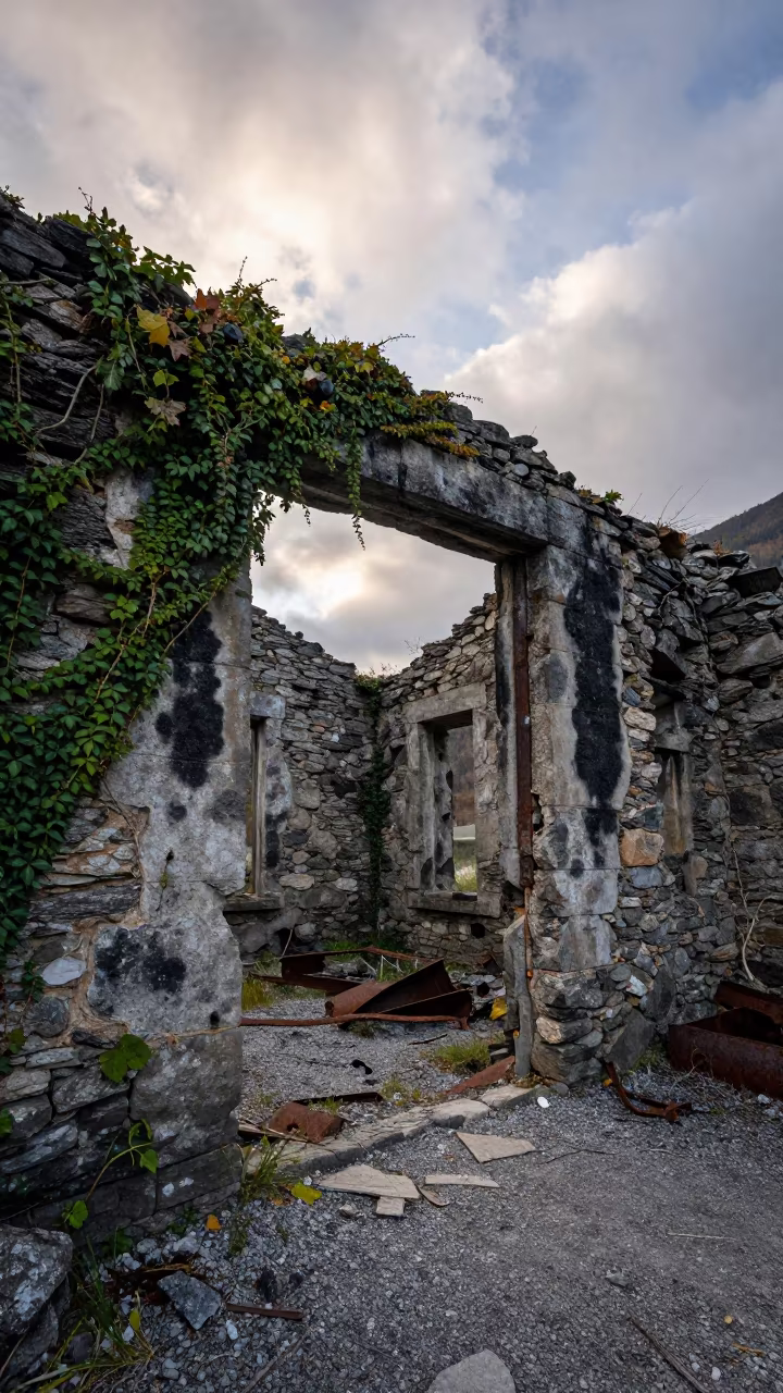 Ivy Covered Forge Ruins in Andorra Morning Light in in Andorra