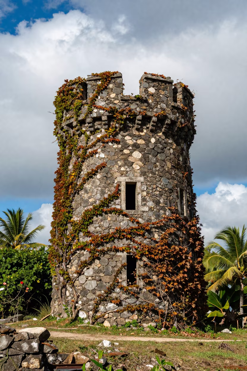 Ivy-Covered Ruined Keep Tower on Salt Cliff in along a salt-sprayed cliff edge near Xian