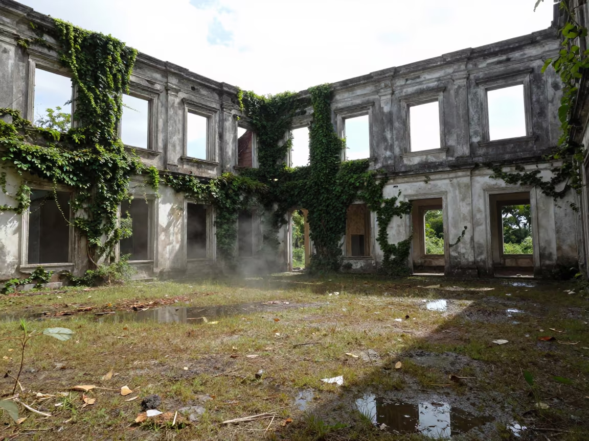 Ivy-Covered Ruins in Trinidad Ceremonial Court in through an abandoned ceremonial court in Trinidad and Tobago