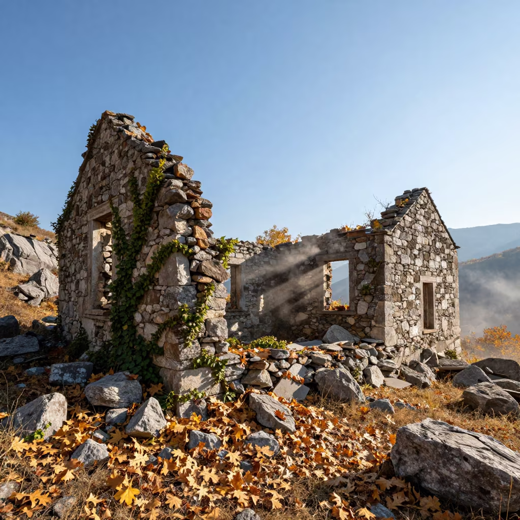 Ivy-Covered Stone Ruin in Autumn Trabzon in beside ivy-draped masonry near Trabzon