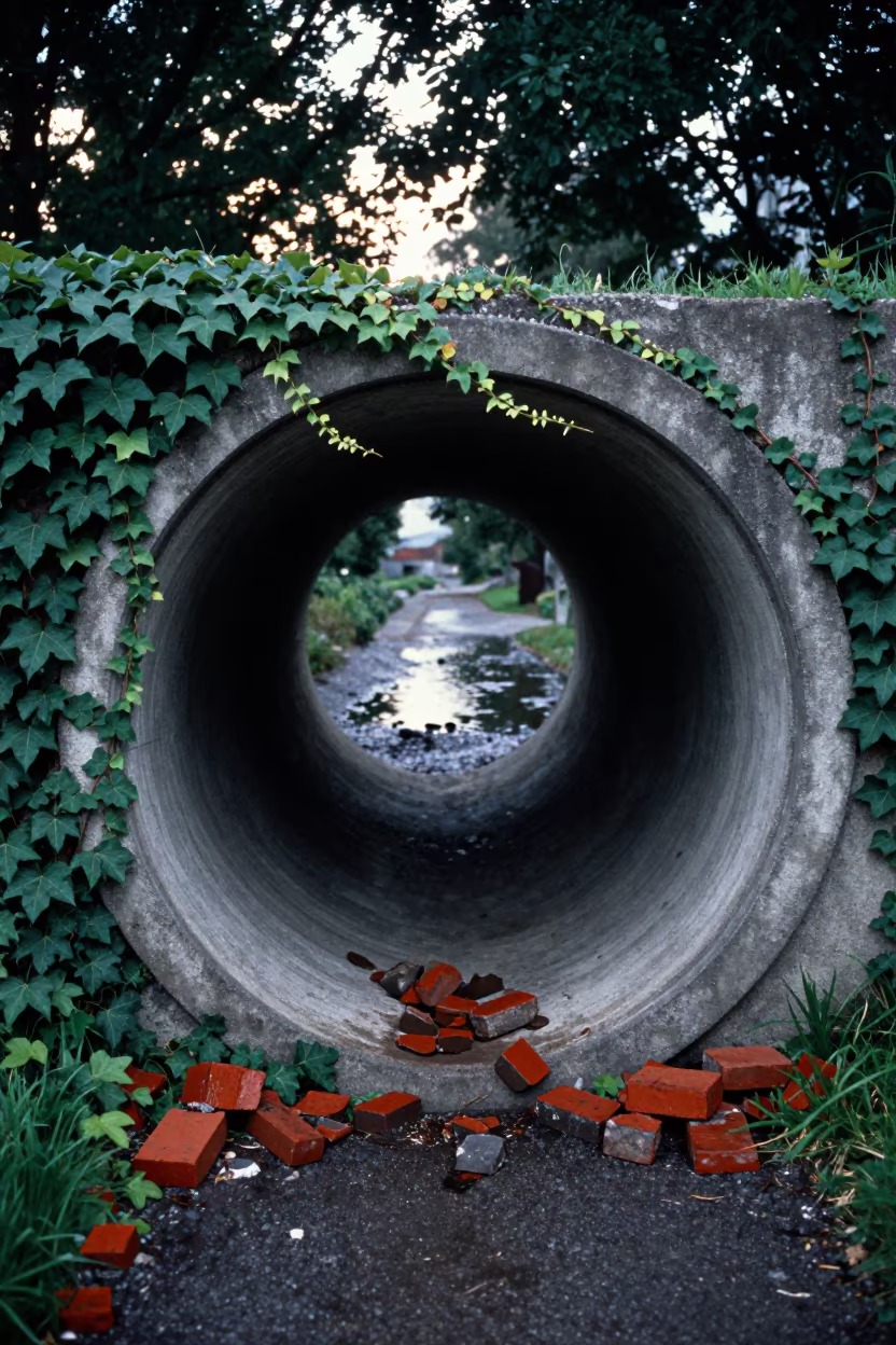 Ivy Covered Storm Drain Tunnel Under Monsoon Light in along a levee path above floodwater in Kelowna