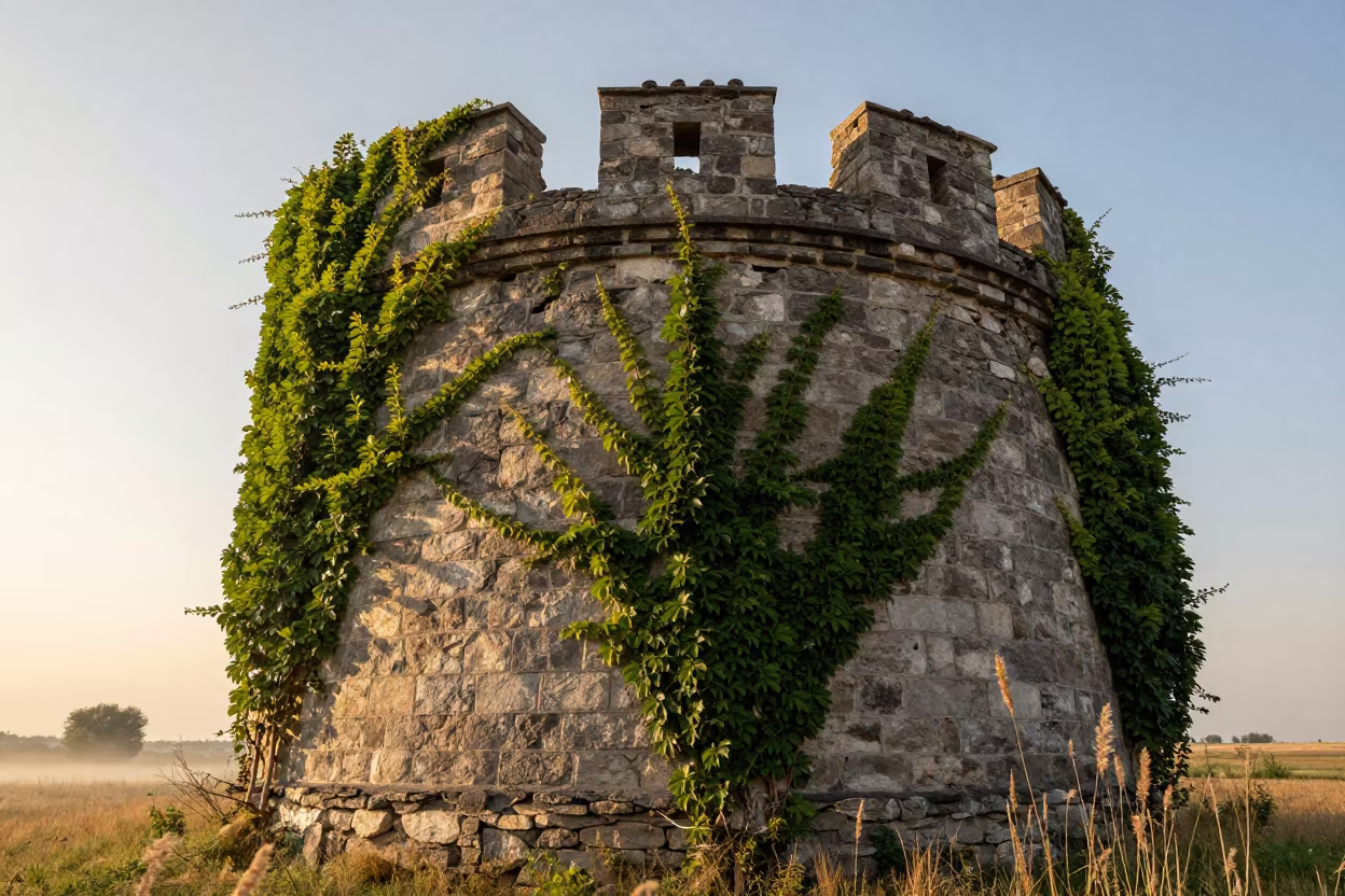 Ivy-Covered Tower Ruin in Golden Bishkek Meadow in in a bloom-heavy meadow near Bishkek
