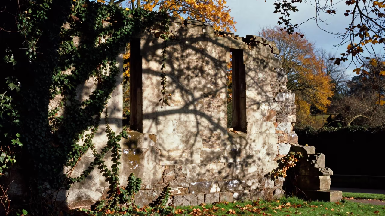 Ivy Draped Curtain Wall Ruin Portsmouth in beside ivy-draped masonry near Portsmouth
