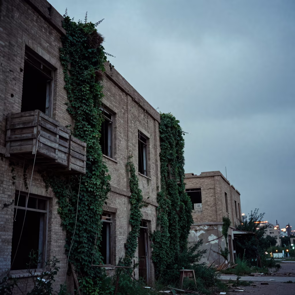 Ivy Draped Customs Warehouse Ruins Kandahar Evening in beside ivy-draped masonry near Kandahar