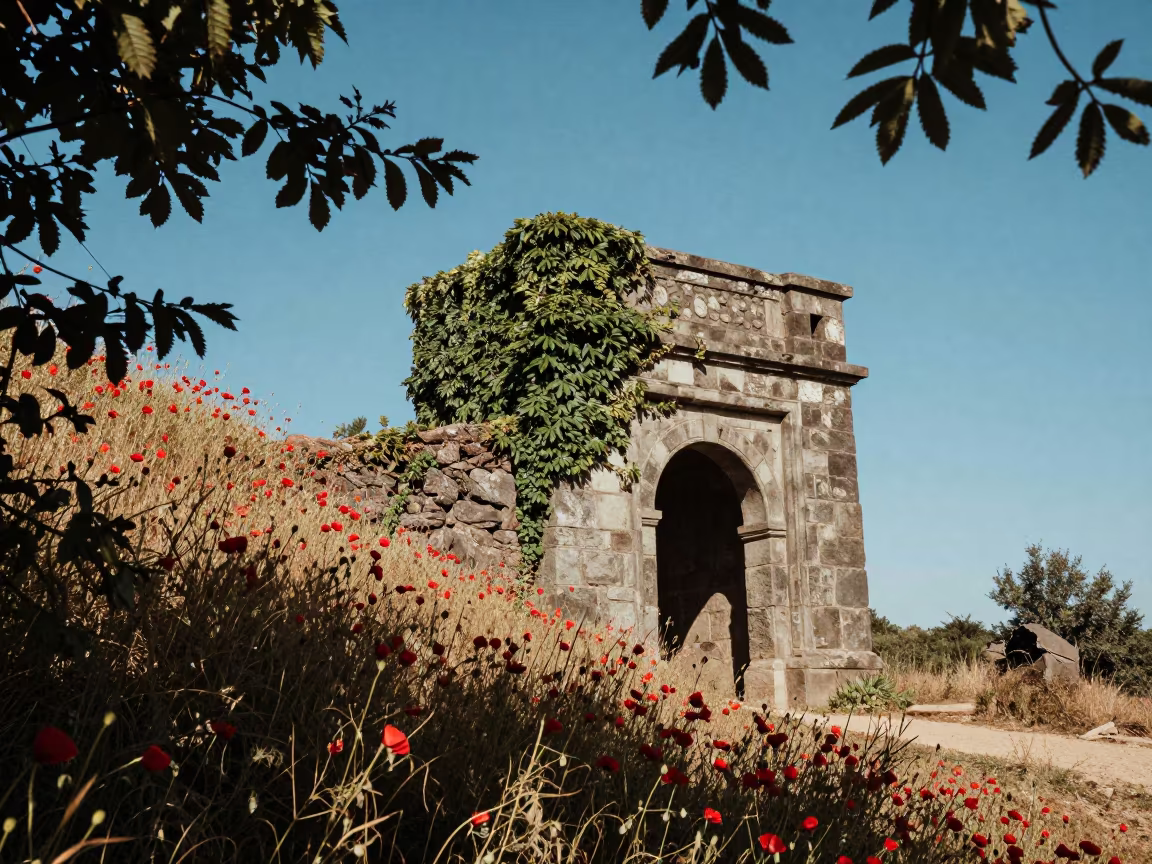 Ivy Draped Gate Tower Above Dry Season Poppies in beside ivy-draped masonry near Sumbawanga