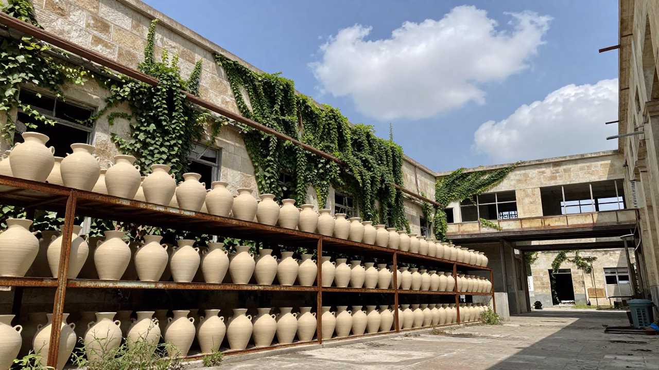Ivy-Draped Glass Factory Crucibles Damascus Ruin in beside ivy-draped masonry near Damascus