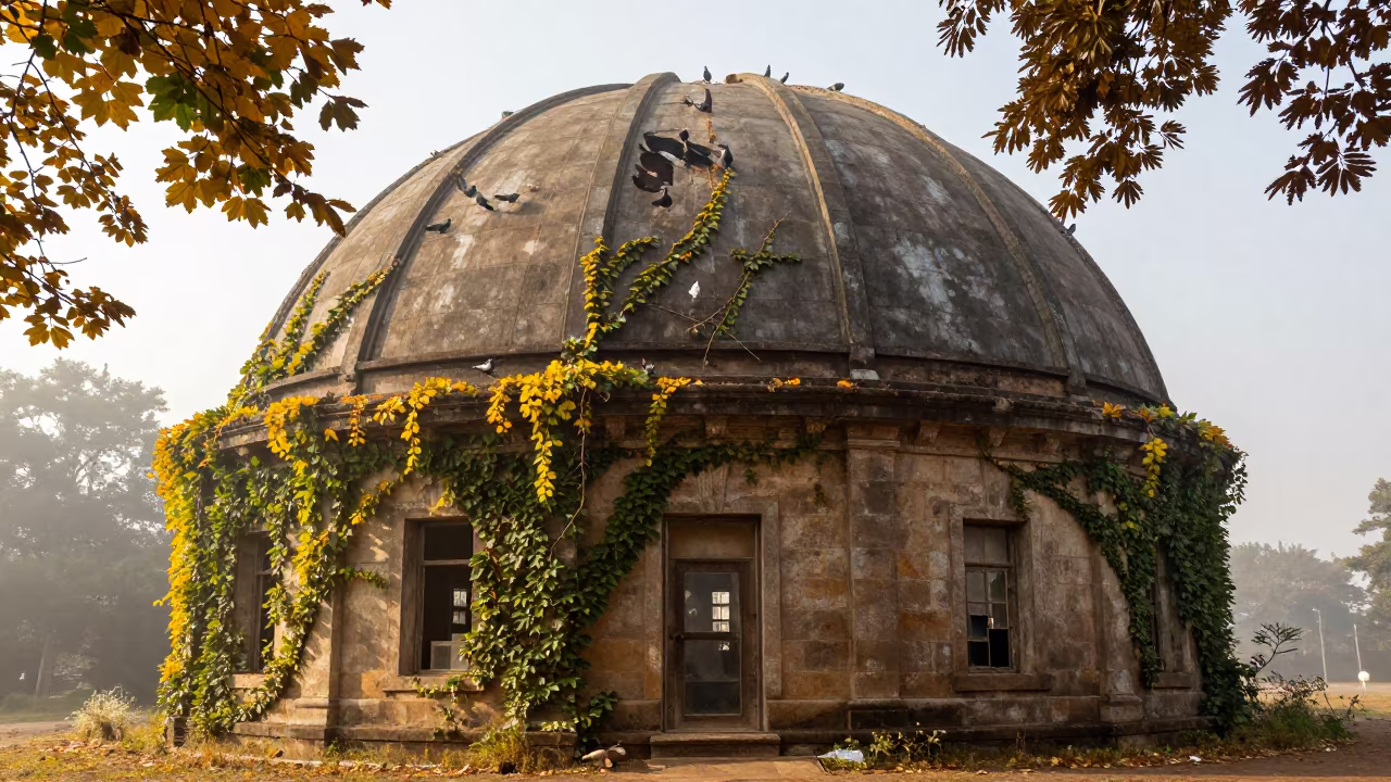 Ivy Draped Observatory Dome Ruin Yaounde Mist in beside ivy-draped masonry near Yaounde