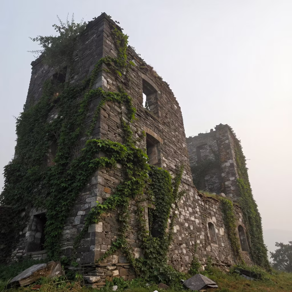 Ivy Overgrown Castle Ruin in Himachal Pradesh in among roofless stone chambers in Himachal Pradesh