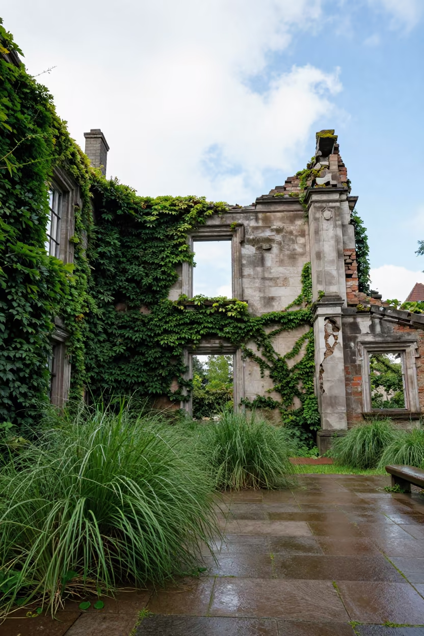 Ivy Overgrown Castle Ruins in Indiana Courtyard in through a courtyard reclaimed by grasses in Indiana