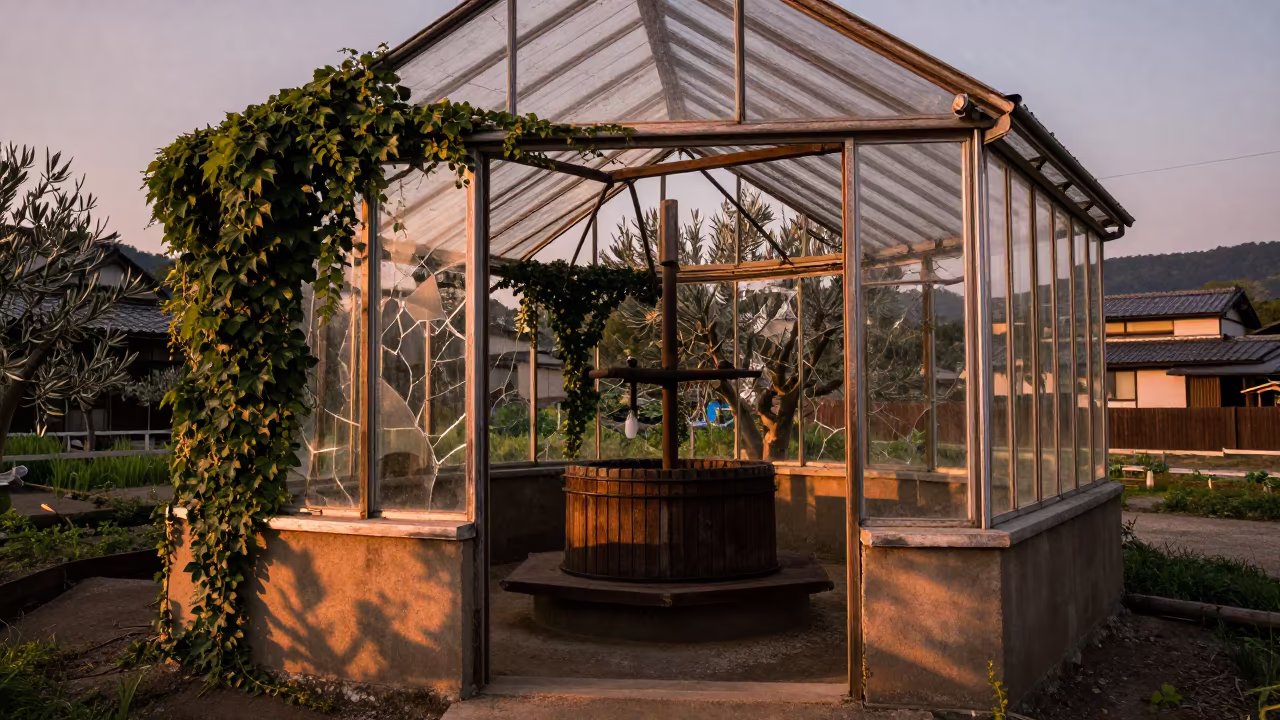 Ivy Overgrown Greenhouse Inside Kyoto Olive Press in inside a village olive press near Kyoto