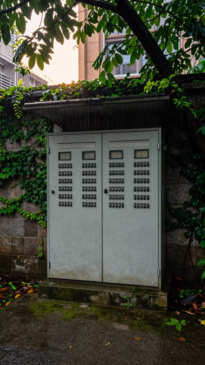 Ivy Reclaiming Abandoned Switchboard in Fukuoka Rain in beside ivy-draped masonry near Fukuoka