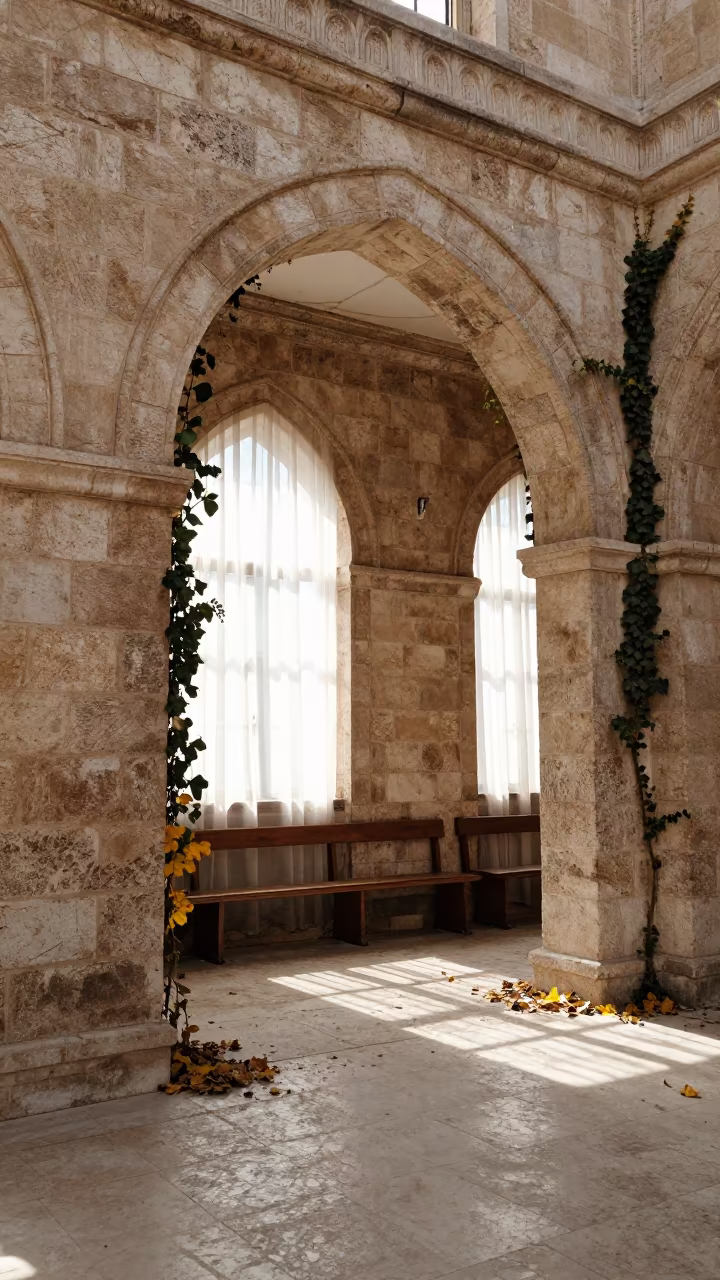 Ivy Reclaims Baghdad Stone Chapel Interior in inside a stone chapel in Baghdad