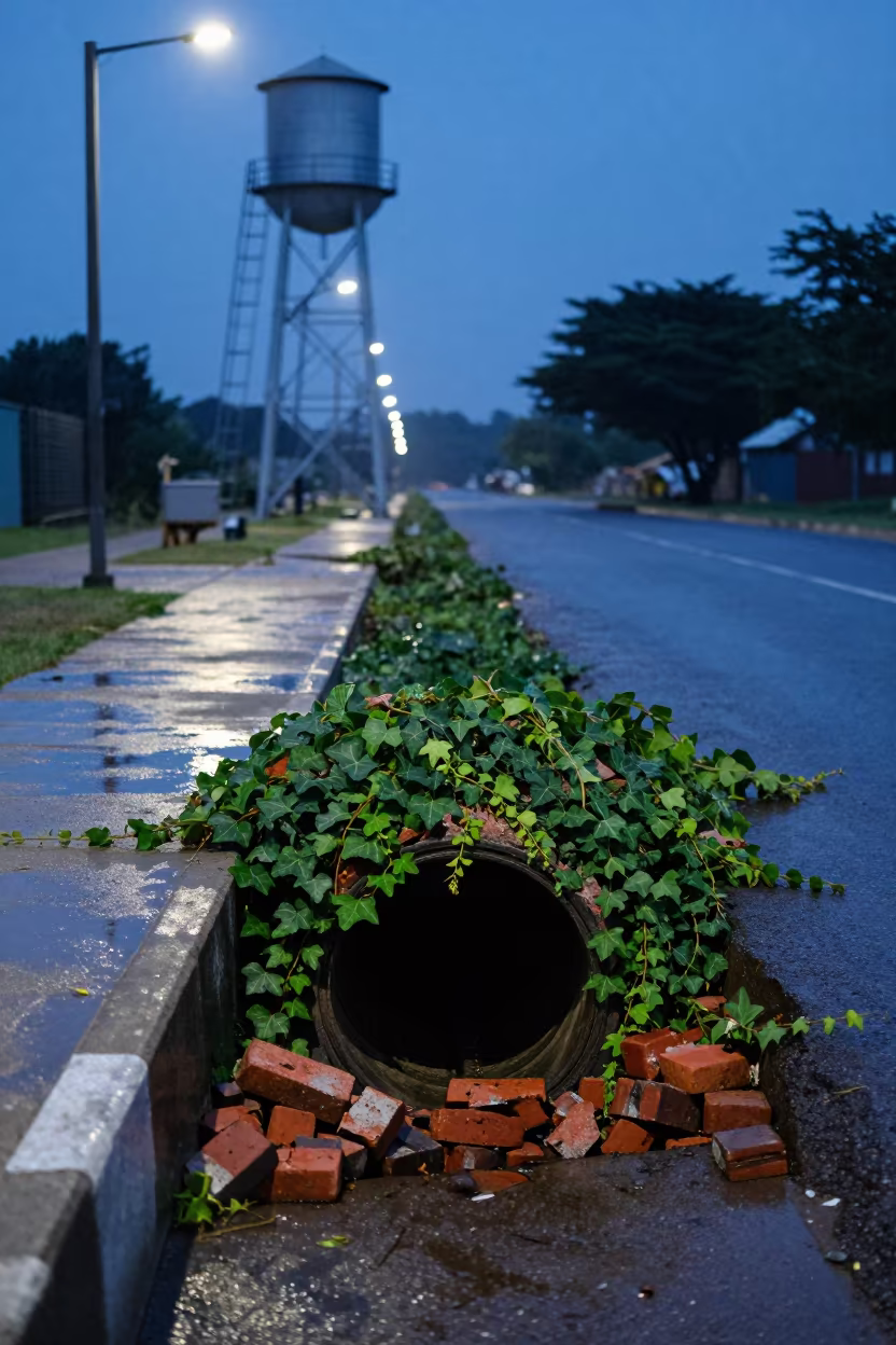 Ivy-Covered Storm Drain Tunnel in Cameroonian Twilight in beside a water tower ladder in Cameroon