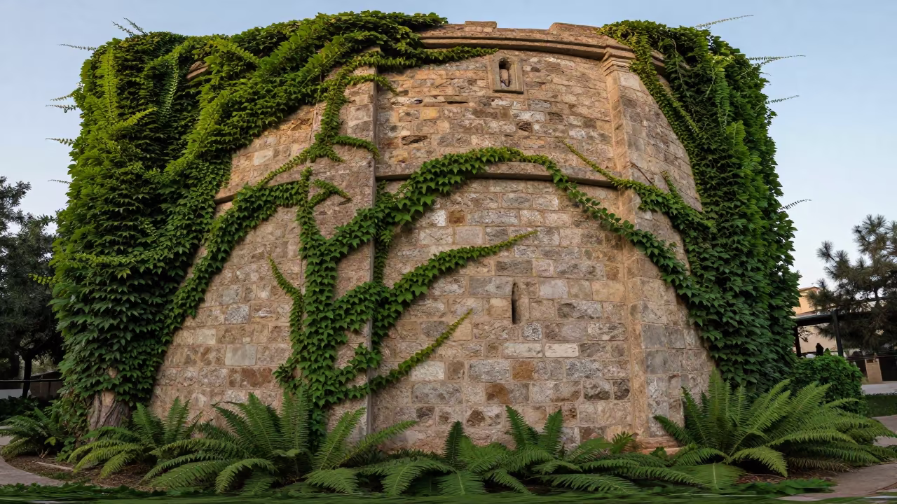 Ivy Tower Ruin Amid Ferns in Iranian Forest in on a fern-lined forest floor in Iran