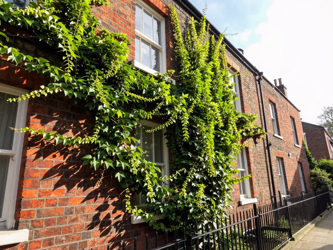 Ivy Vines and Brickwork Detail in a Bristol Alleyway During Late Morning in in Bristol, United Kingdom