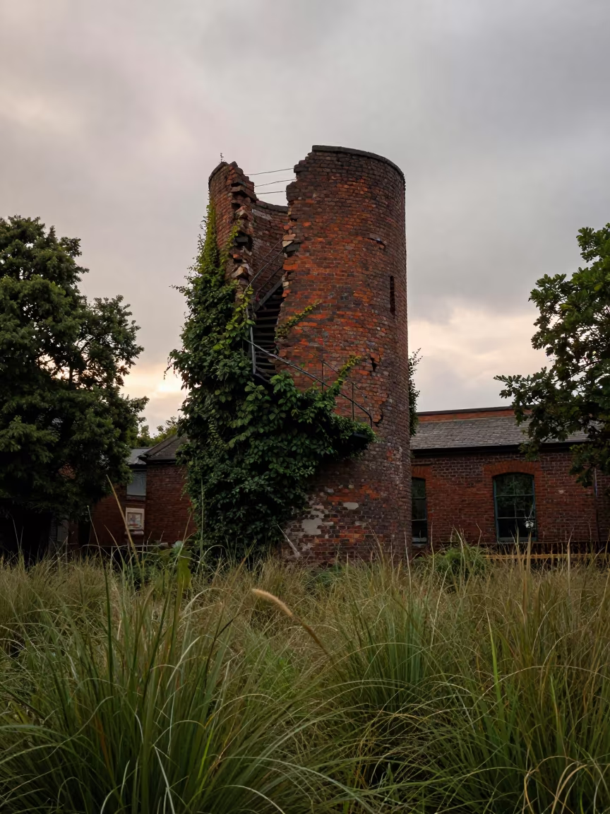 Ivy Wrapped Stair Tower Ruin at Dawn in through a courtyard reclaimed by grasses near Manchester