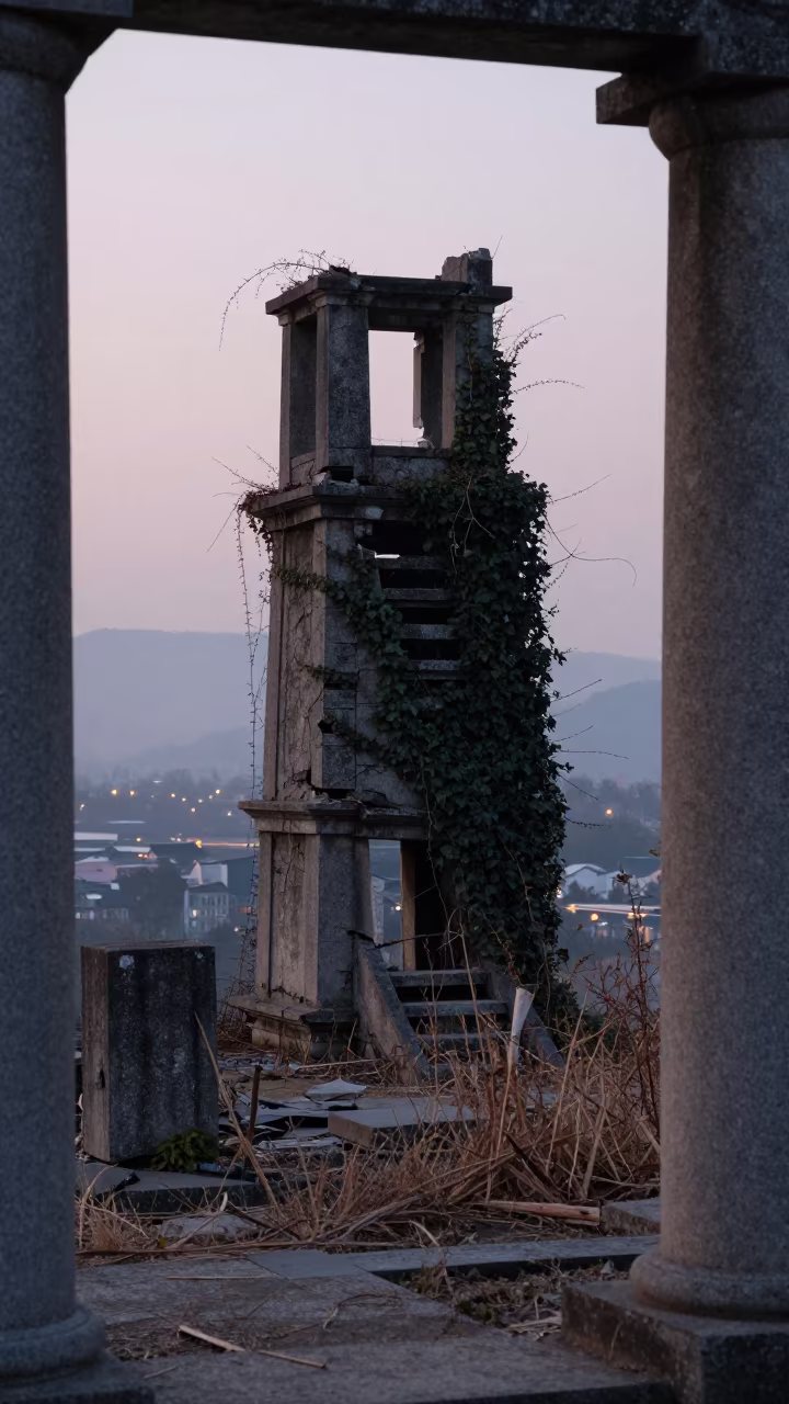 Ivy Wrapped Stair Tower Ruin at Twilight in among toppled columns and nettles near Taoyuan