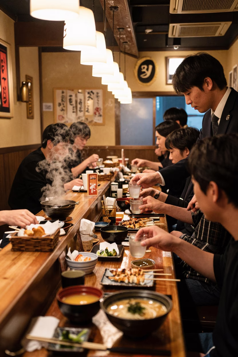 Izakaya Counter in Fukuoka at Midnight Light in in Fukuoka, Japan