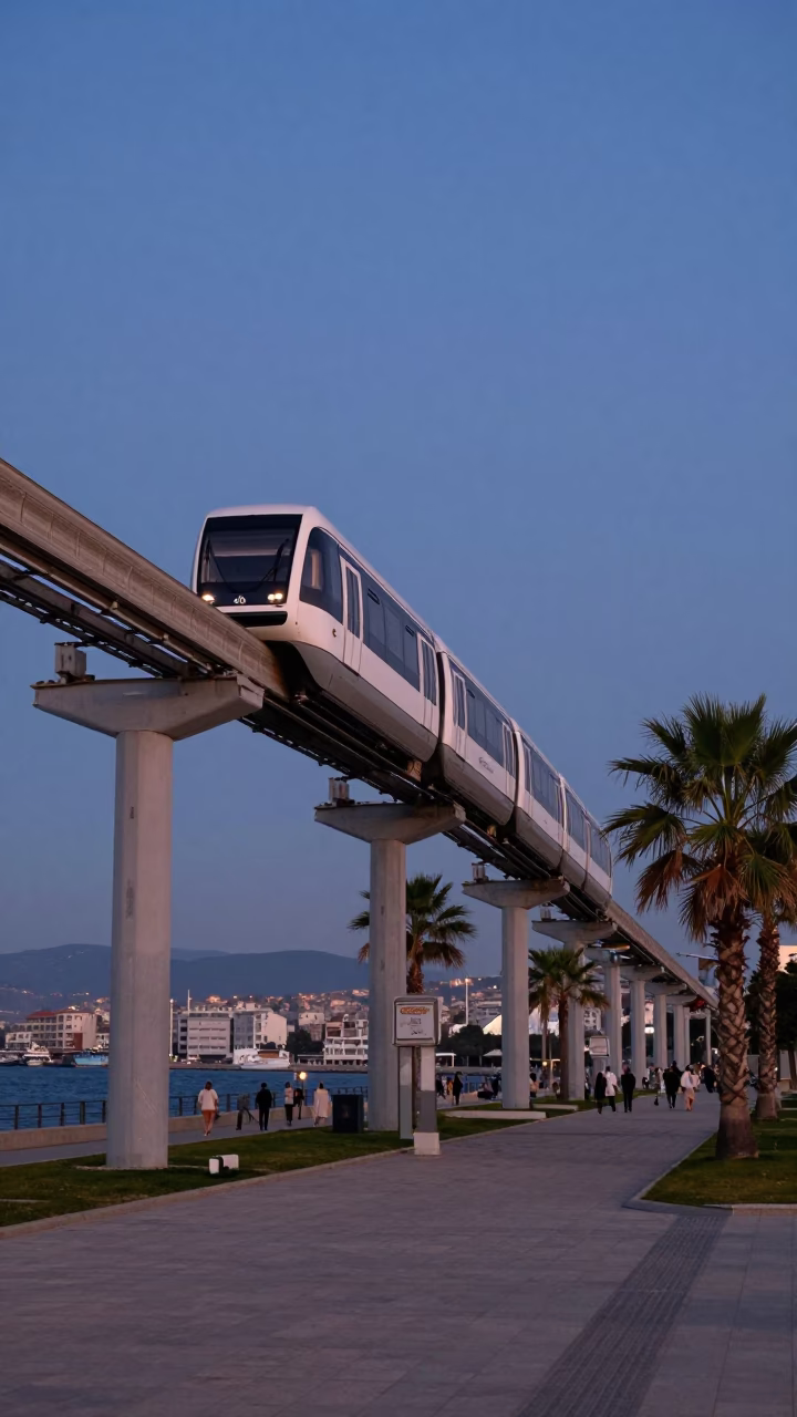 Izmir Alsancak Monorail Sweeping Above Kordon Promenade at Blue Hour in in Izmir, Turkey