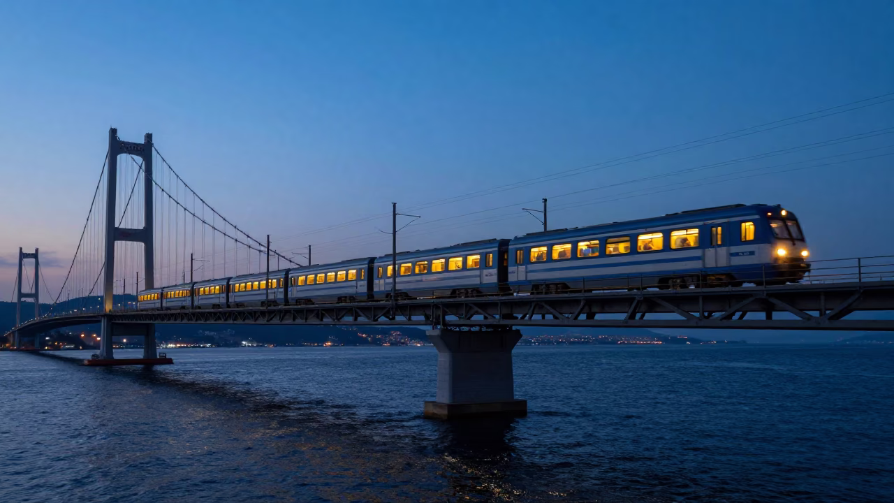 Izmir Bay Bridge Commuter Train Crossing Blue Hour Twilight Coastal Turkey in in Izmir, Turkey