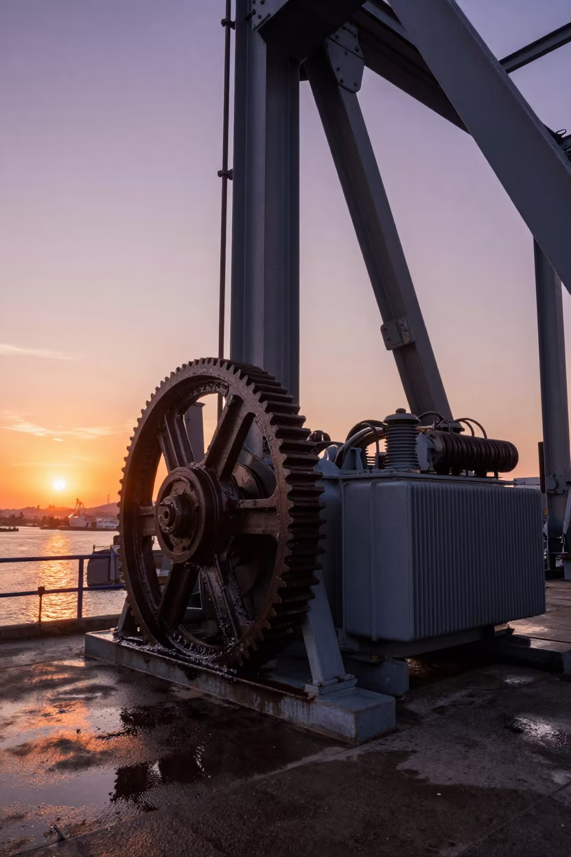 Izmir Drawbridge Gears Sunset Glow in along a bridge maintenance walkway in Izmir