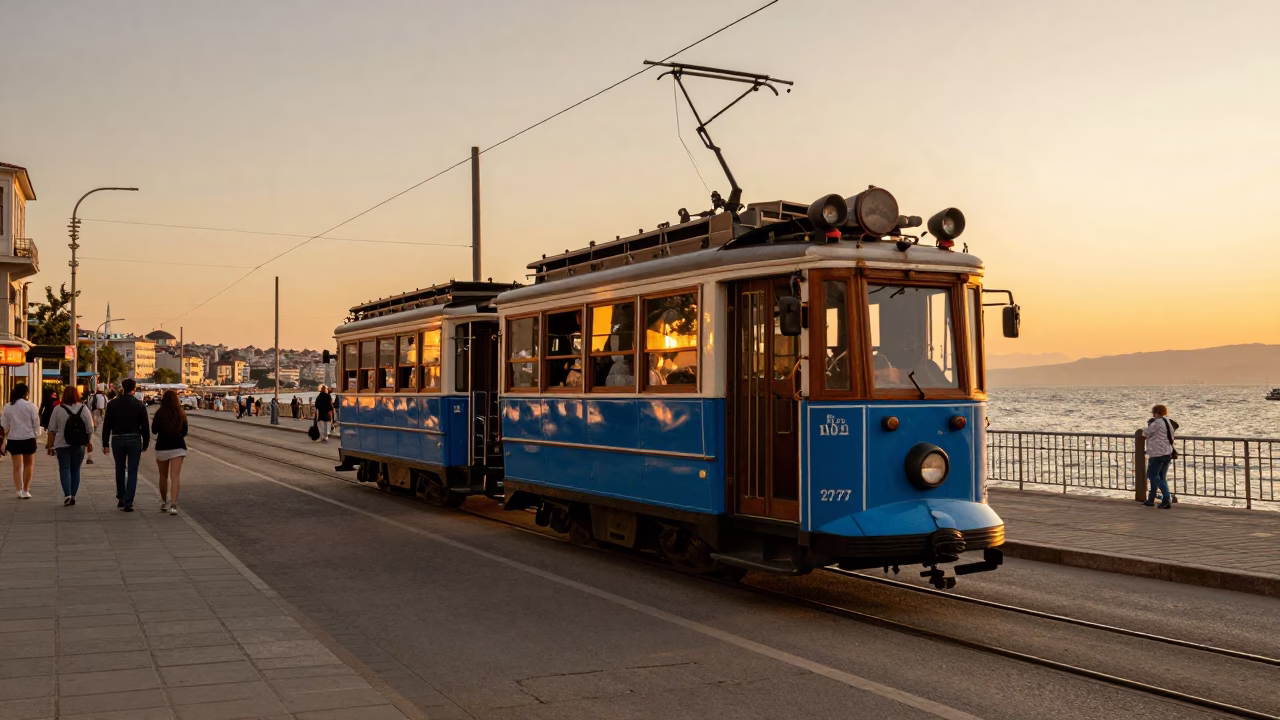 Izmir Kordon Tramway Evening Scene with Sea View and Pedestrians in in Izmir, Turkey