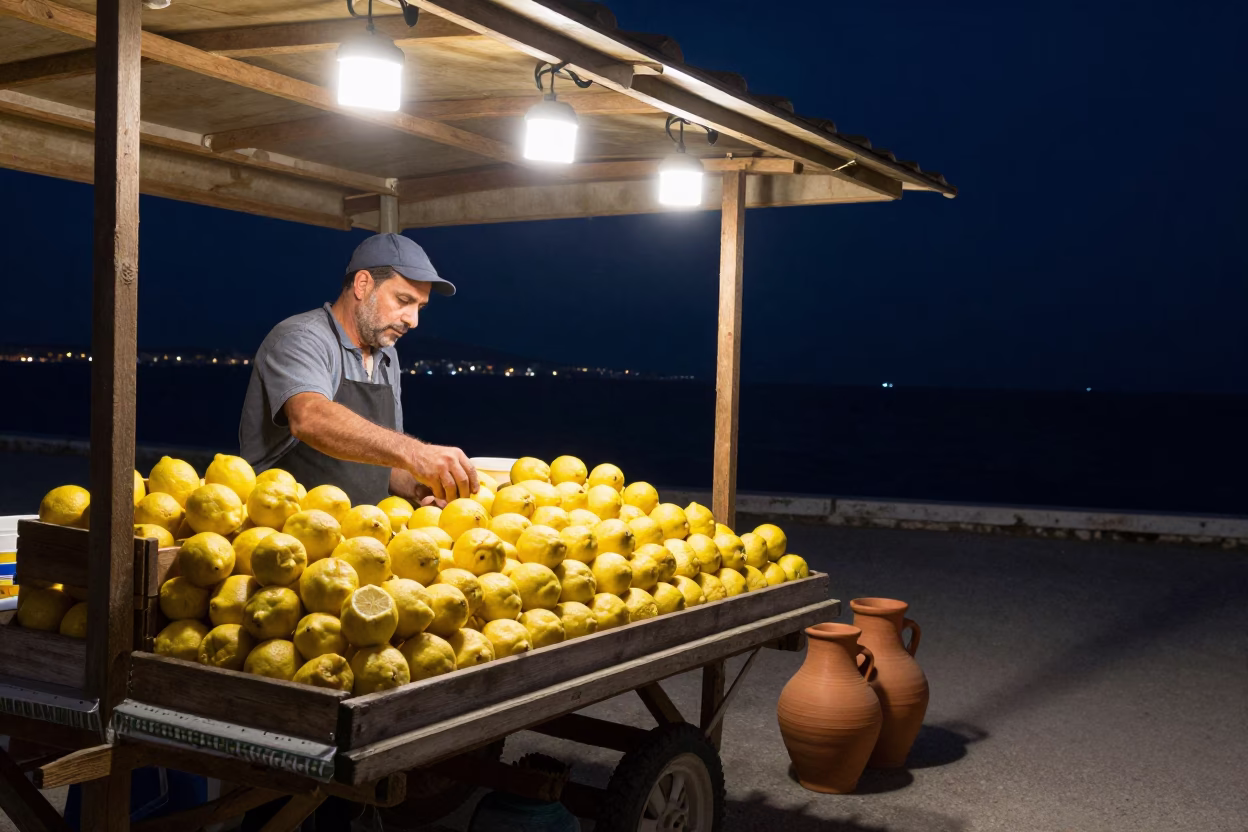 Izmir Market Stall at The Deepest Night Sky Light in in Izmir, Turkey