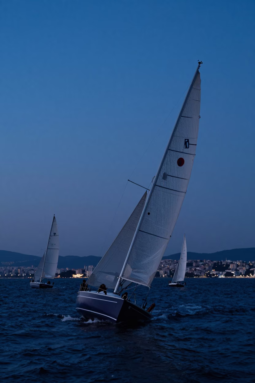 Izmir Sailboats Heeling at Indigo Twilight After Sunset in in Izmir, Turkey