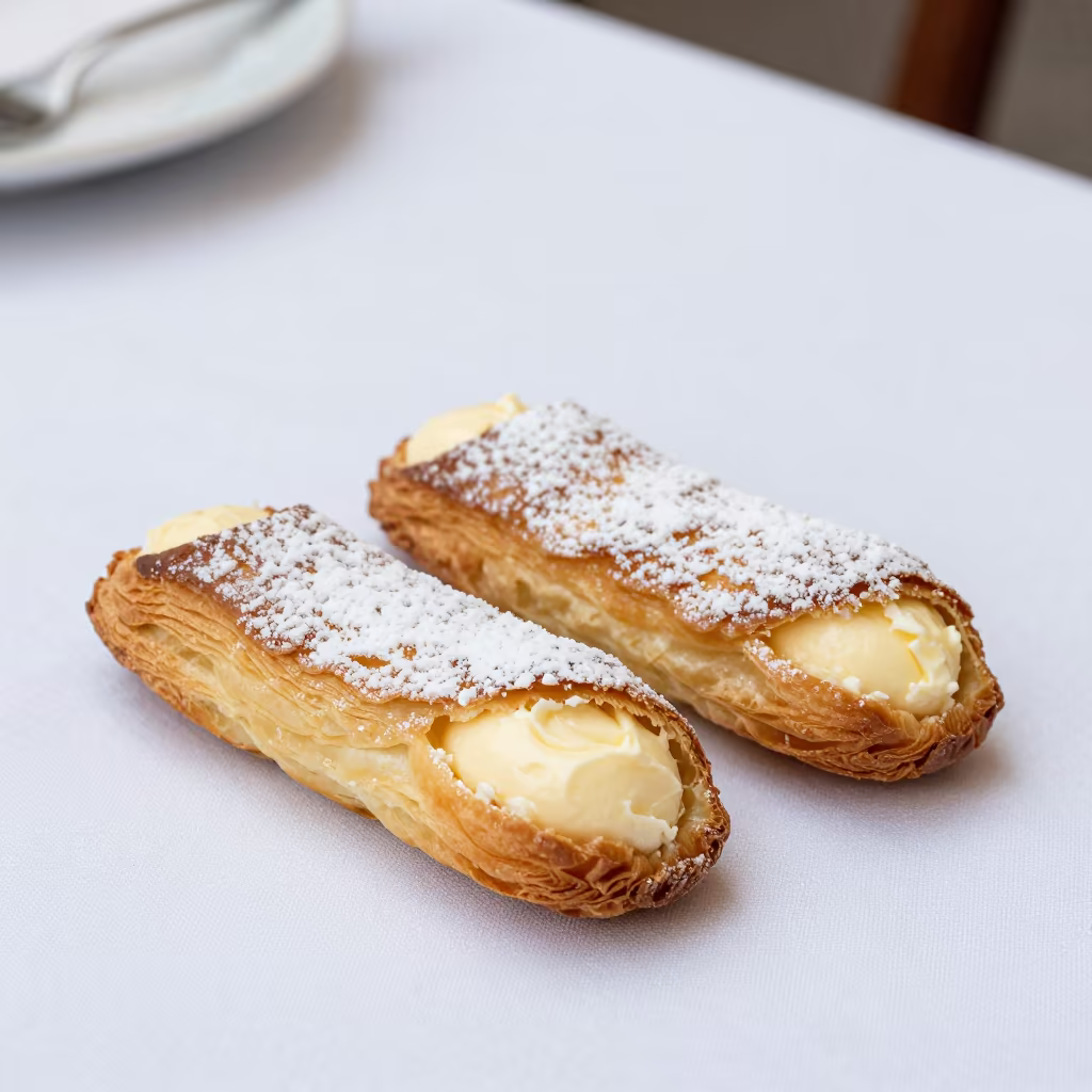Izmir Sfogliatelle Ricotta on Linen Table in on a linen-covered restaurant table in Izmir