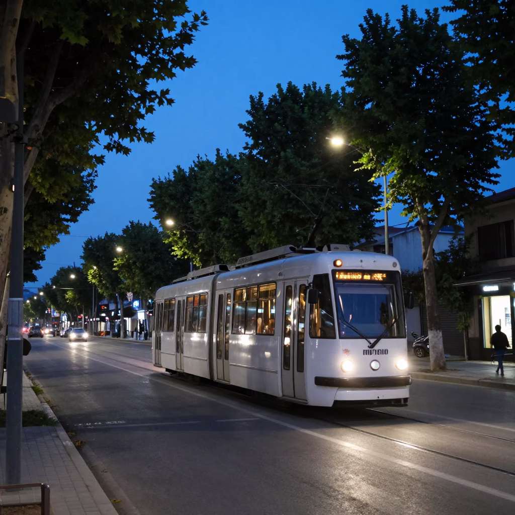 Izmir Tramcar at Indigo Twilight on Tree Lined Boulevard in Turkey in in Izmir, Turkey