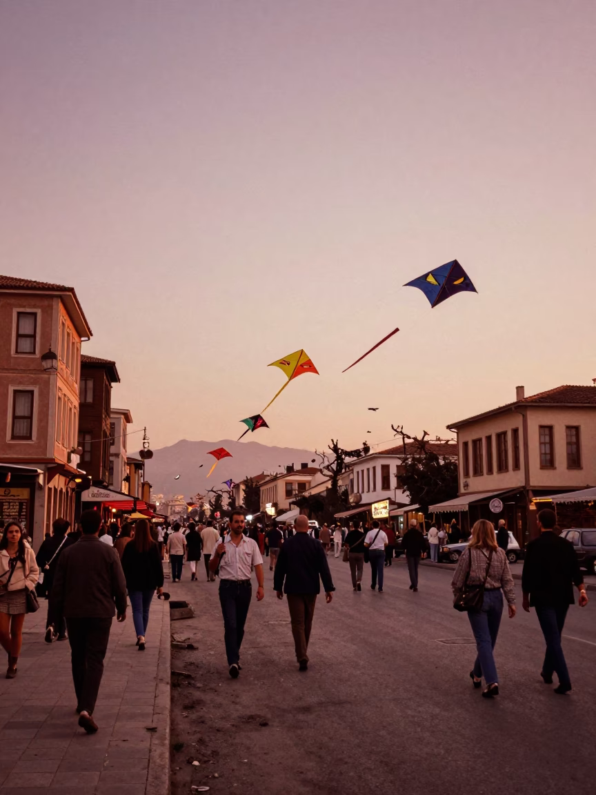 Izmir Turkey 1960s Street Scene Copper Dusk Light Kite Festival and Old Architecture in in Izmir, Turkey