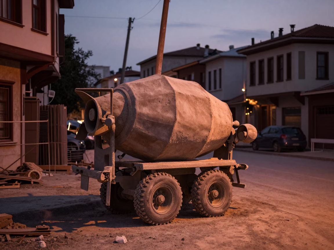 Izmir Turkey Before Dusk Copper Light Street Scene with Cement Mixer in in Izmir, Turkey