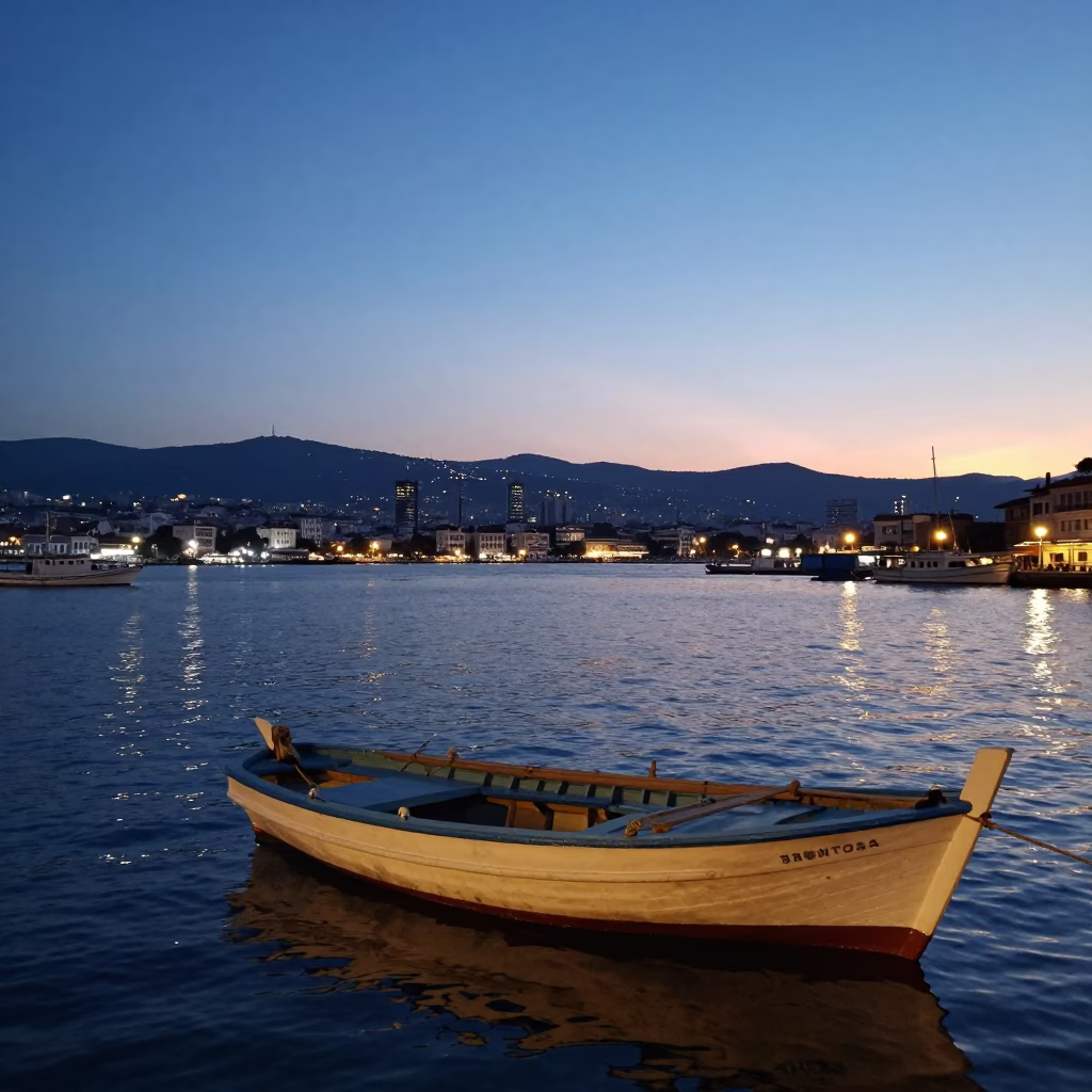 Izmir Turkey Blue Hour Harbor View with Traditional Fishing Boat and City Skyline in in Izmir, Turkey