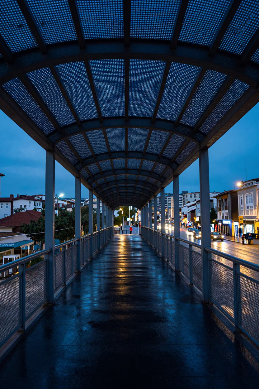 Izmir Turkey Blue Hour Pedestrian Overpass Perforated Metal Wet Footsteps City Lights in in Izmir, Turkey