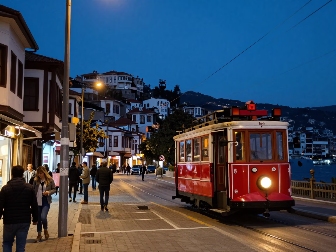 Izmir Turkey Blue Hour Street Scene with Cable Car and Local Life in in Izmir, Turkey