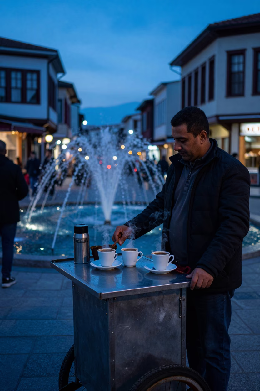 Izmir Turkey Blue Hour Street Scene with Coffee Mugs and Fountain Spray in in Izmir, Turkey