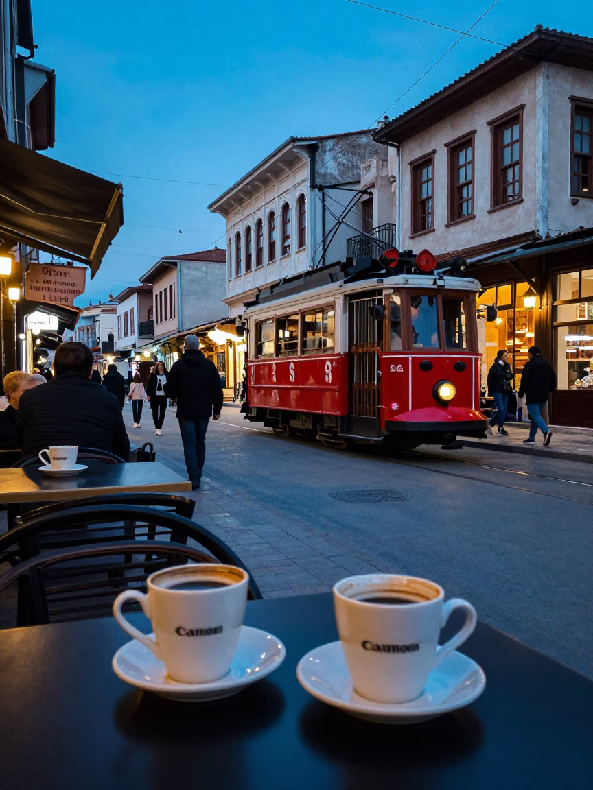 Izmir Turkey Blue Hour Street Scene with Coffee Mugs and Tram in in Izmir, Turkey