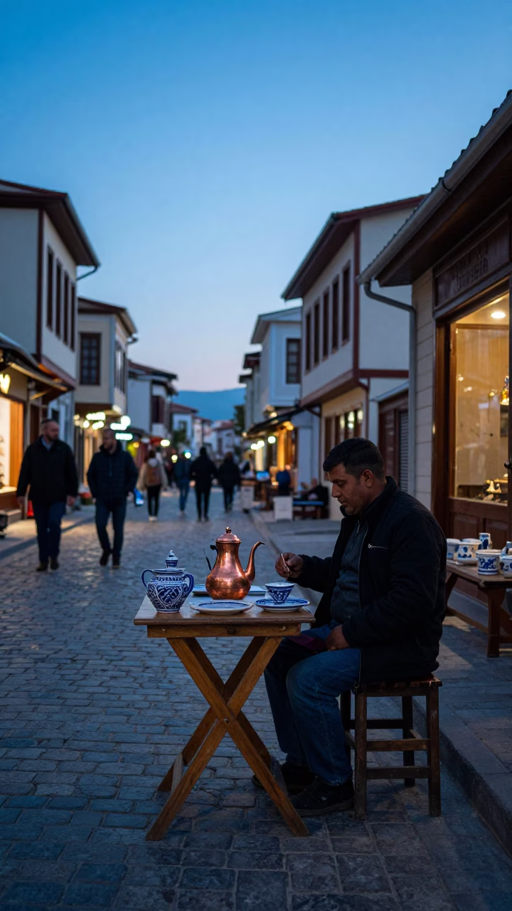 Izmir Turkey Blue Hour Street Scene with Copper Coffee Pot and Ceramic Plate in in Izmir, Turkey