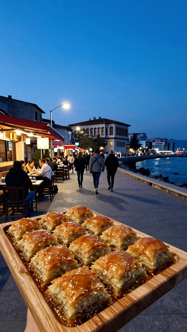 Izmir Turkey Blue Hour Street Scene with Turkish Baklava and Urban Life in in Izmir, Turkey