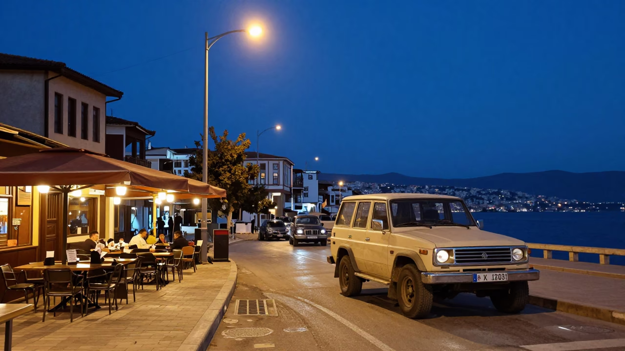 Izmir Turkey Blue Hour Street Scene with Vintage Car and Local Cafe in in Izmir, Turkey