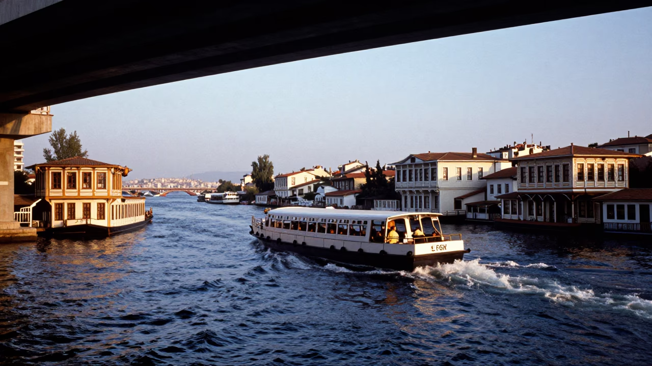 Izmir Turkey Blue Hour Water Taxi Zigzagging Past Canal Houseboats Under Striped Flyover Shadows in in Izmir, Turkey
