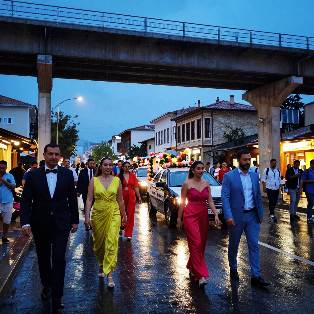 Izmir Turkey Blue Hour Wedding Procession Taillights Overpass Rain in in Izmir, Turkey