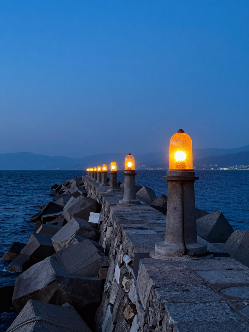 Izmir Turkey Coastal Breakwater Warning Beacons at Blue Hour After Sunset in in Izmir, Turkey