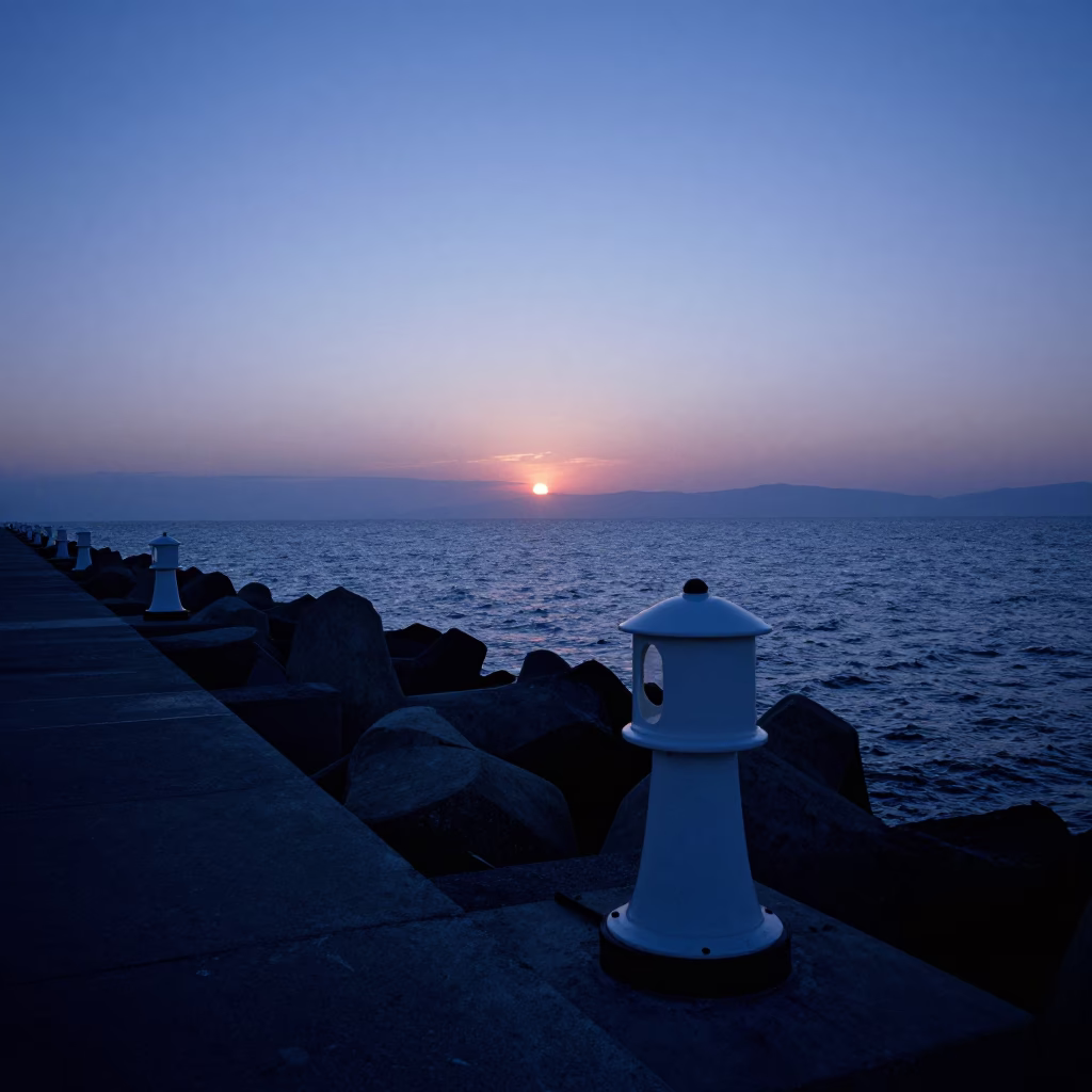 Izmir Turkey coastal breakwater warning beacons at dusk with Mediterranean sea view in in Izmir, Turkey